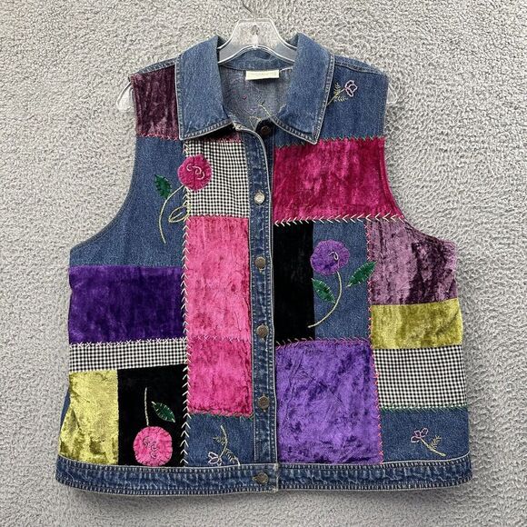 Susan Bristol Jackets & Blazers - Vintage‎ Susan Bristol Denim Jean Floral Embroidered Patchwork Vest Y2K Women L